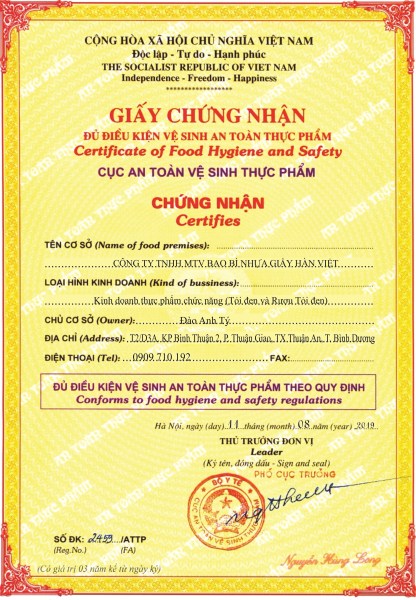 Giấy chứng nhận ATVSTP - Tỏi Đen Tân Hàn Việt - Công Ty TNHH Sản Xuất Tân Hàn Việt